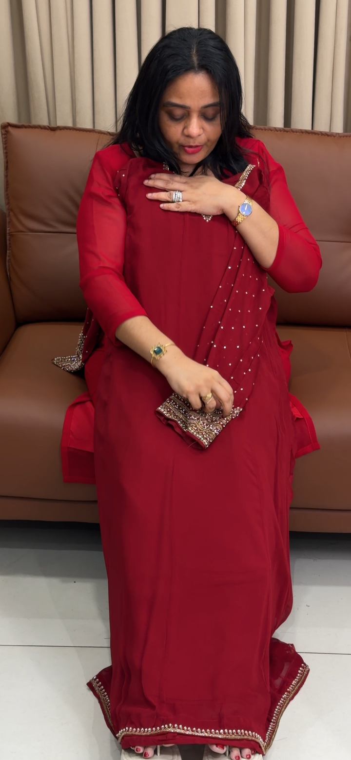 VISCOSE GEORGETTE ALINE TOP, BOTTOM AND DUPATTA - NUWA - 1851