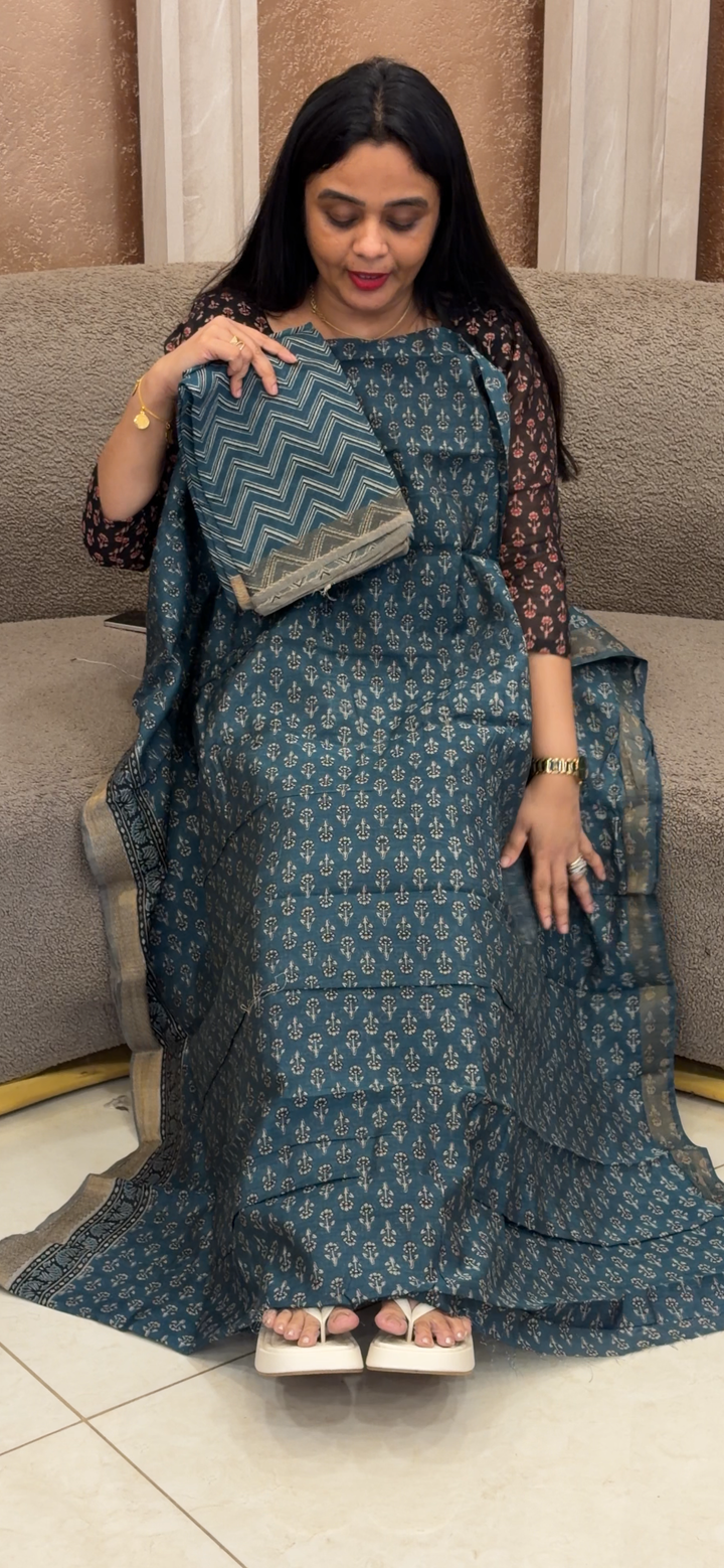 BLOCK PRINTED MAHESWARI UNSTITCHED SALWAR SUITS - NUWA - 2348