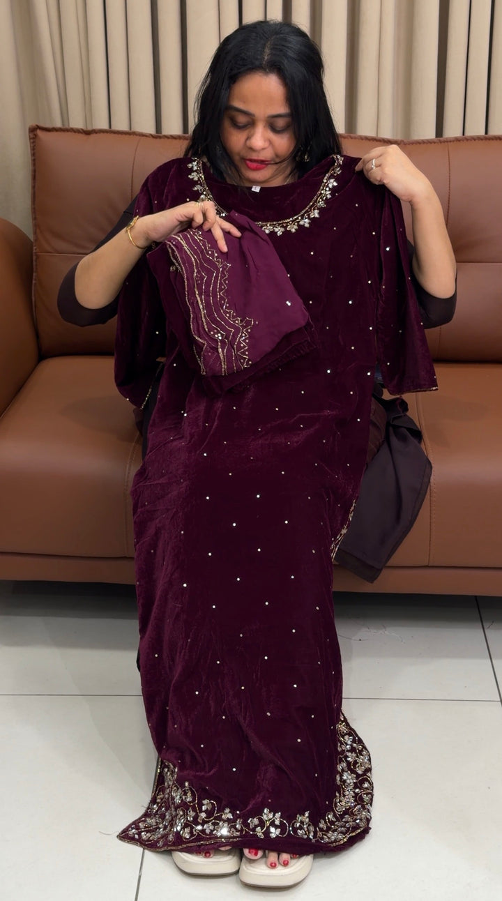 HANDWORKE VELVET TOP,BOTTOM AND DUPATTA - NUWA-1805