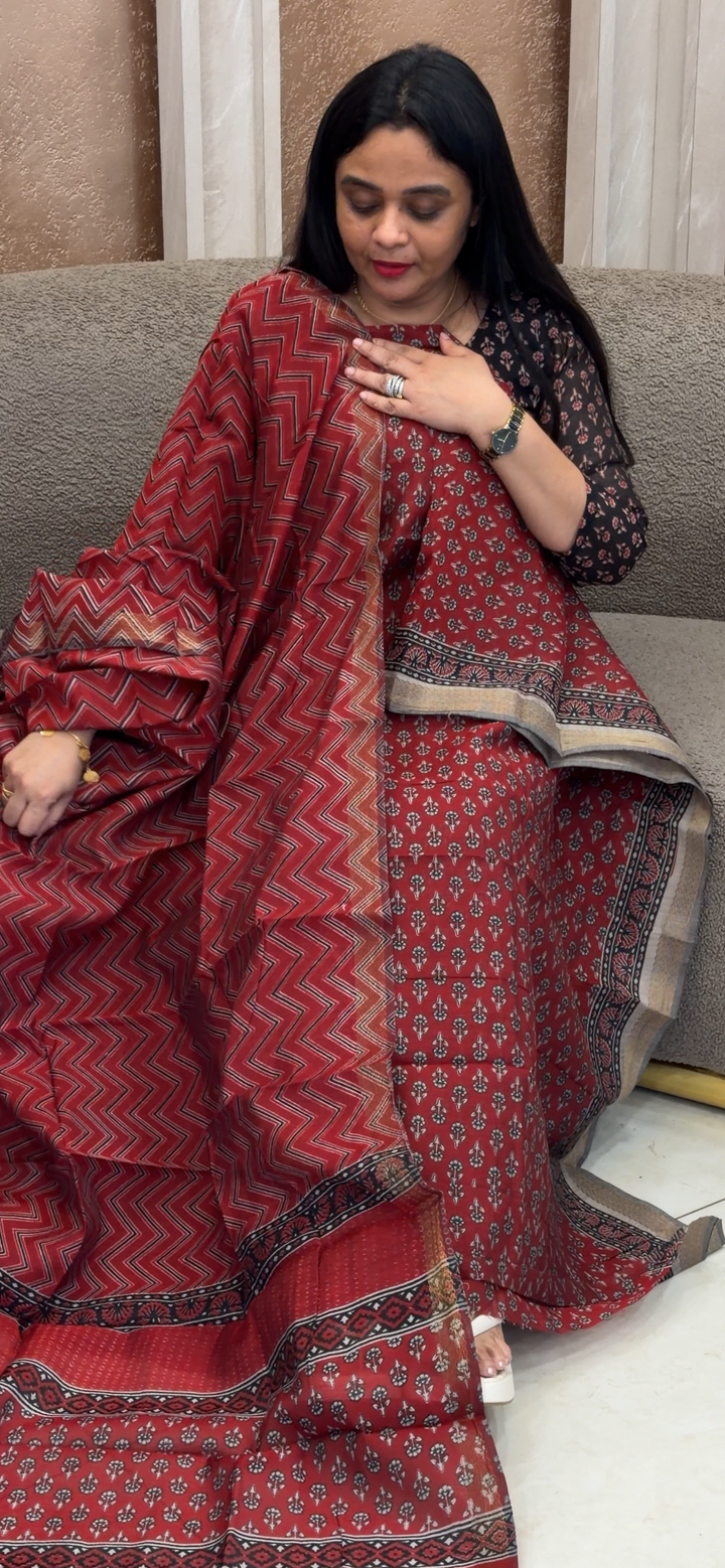 BLOCK PRINTED MAHESWARI UNSTITCHED SALWAR SUITS - NUWA - 2348