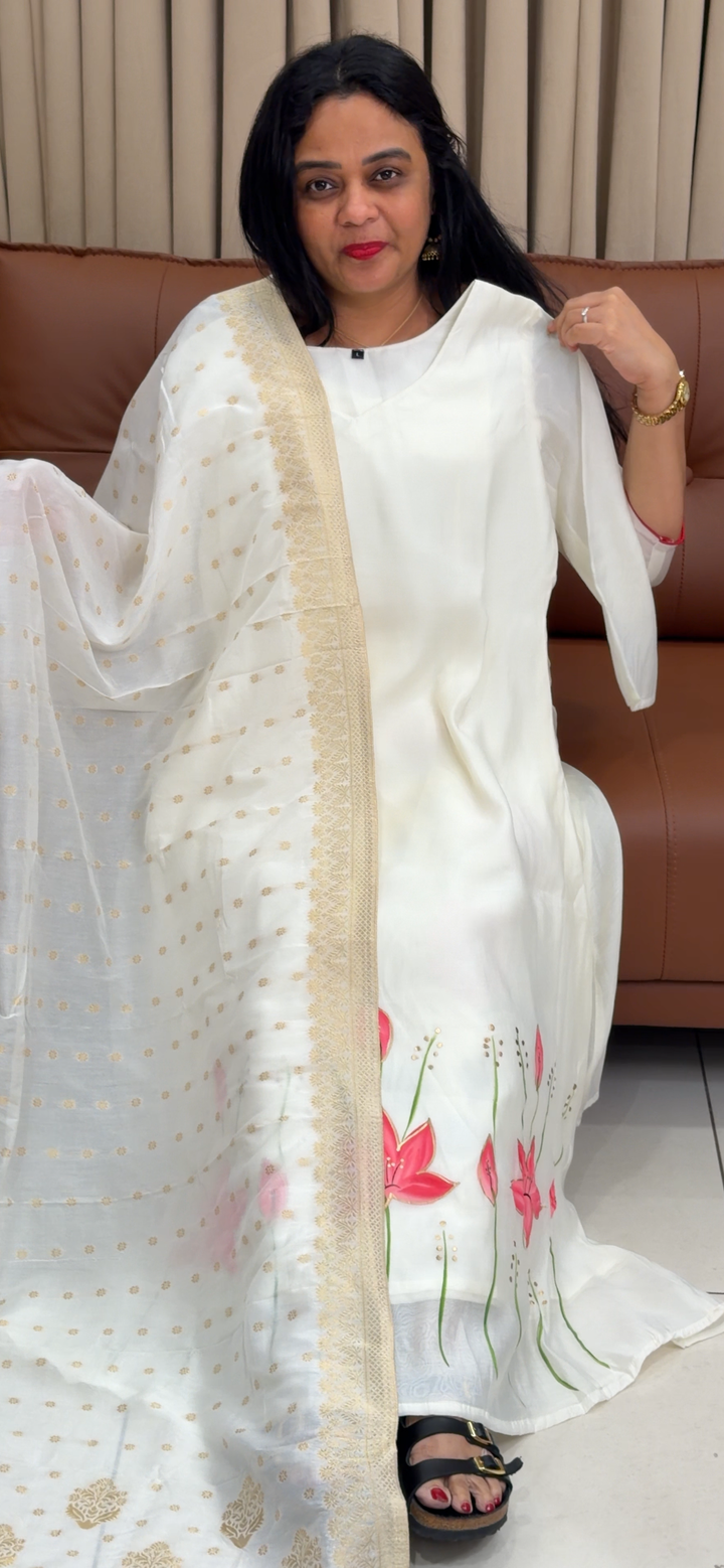 MUL CHANDERI LONG ALINE TOP AND DUPATTA - NUWA - 1823