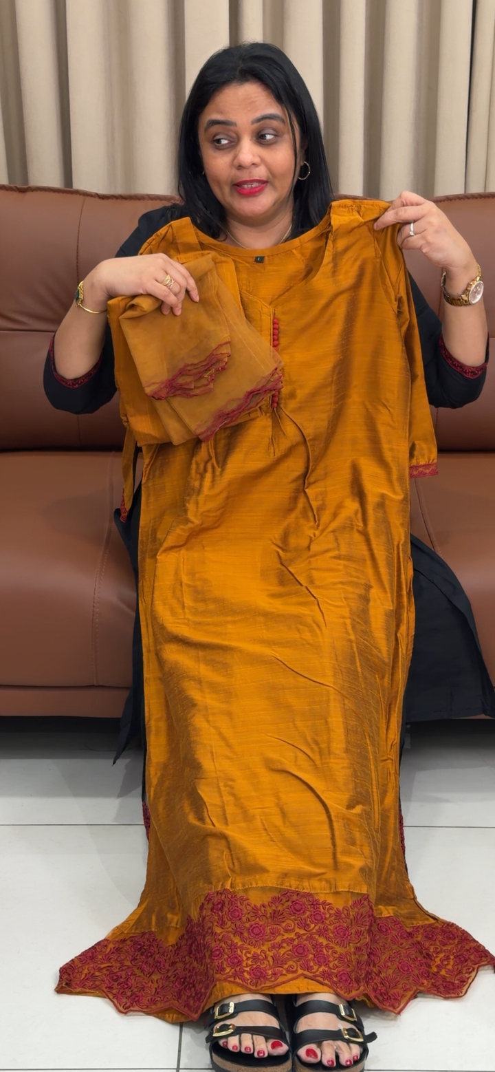 SLUB SILK LONG SLITTED TOP, BOTTOM AND DUPATTA  - NUWA - 1721