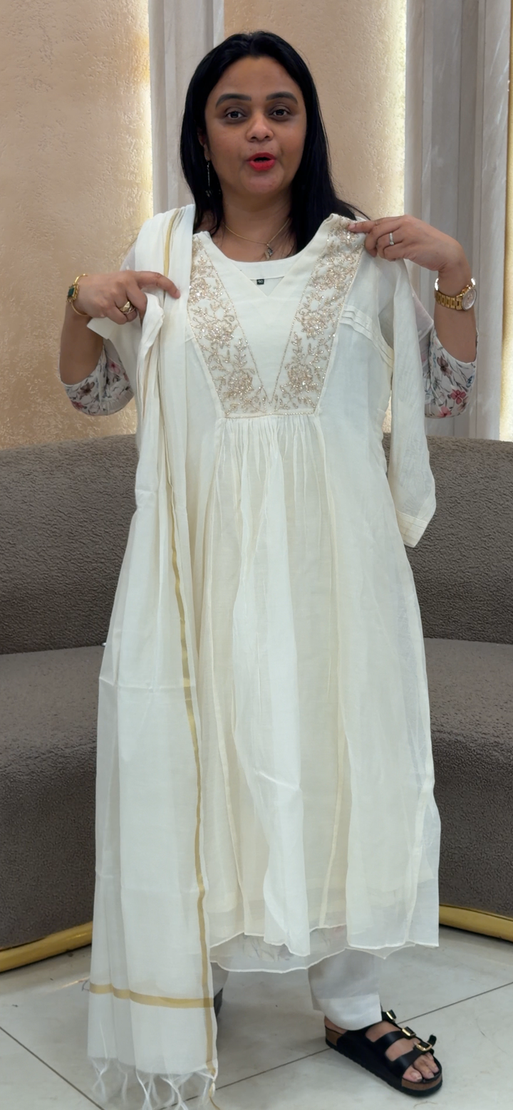 HAND WORKED MALAI CHANDERI TOP, BOTTOM AND DUPATTA - NUWA - 2324