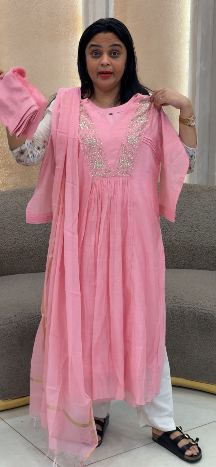 HAND WORKED MALAI CHANDERI TOP, BOTTOM AND DUPATTA - NUWA - 2324
