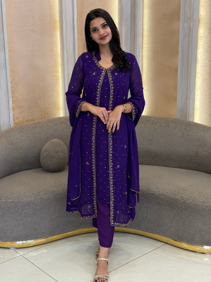PLATINUM CHIFFON TOP, BOTTOM JACKET AND DUPATTA - NUWA - 1053