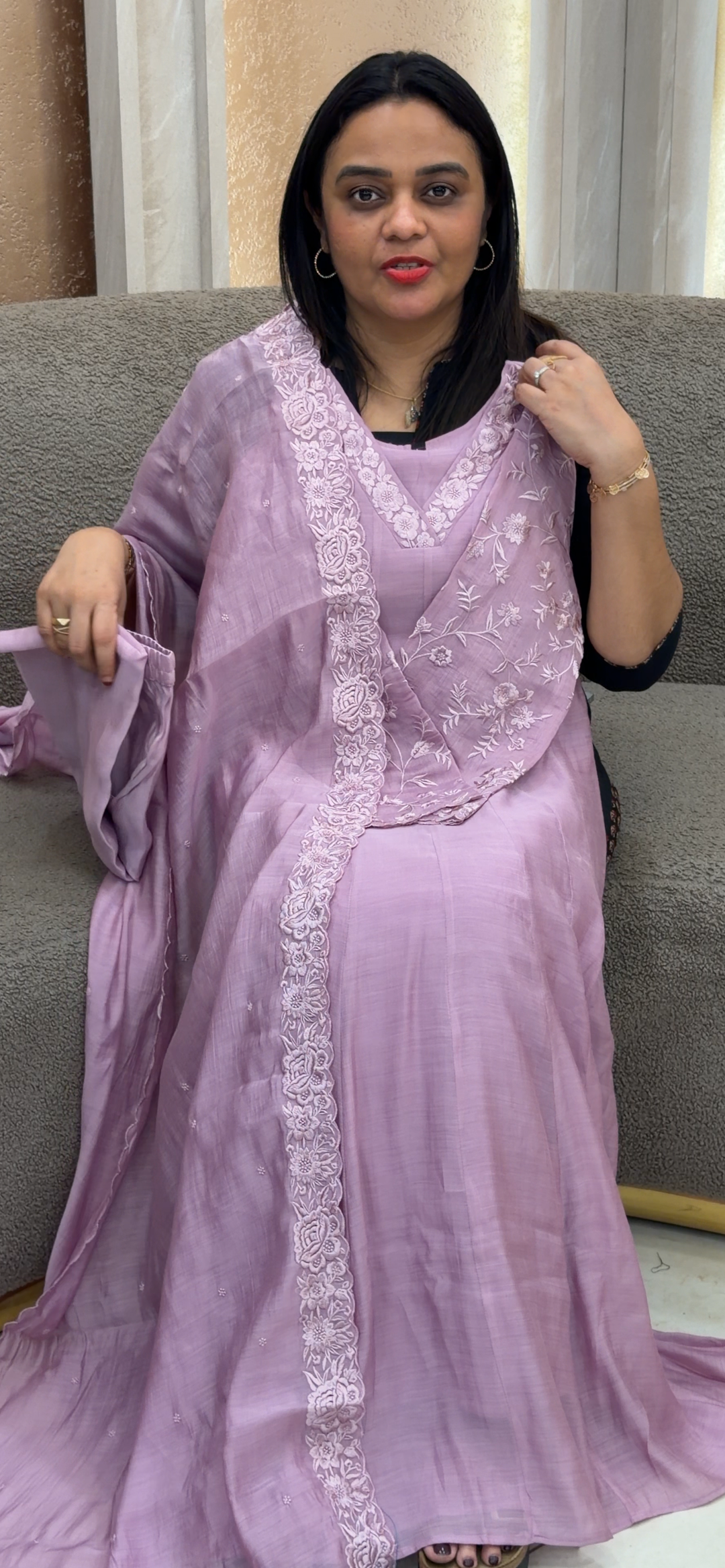 MUL CHANDERI ANARKALI TOP, BOTTOM AND DUPATTA - NUWA - 1107