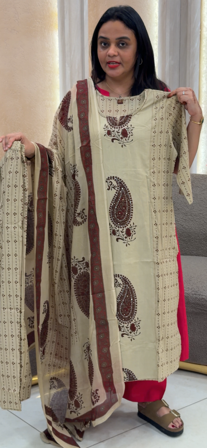 COTTON LONG SLITTED TOP, BOTTOM AND DUPATTA  - NUWA - 1241