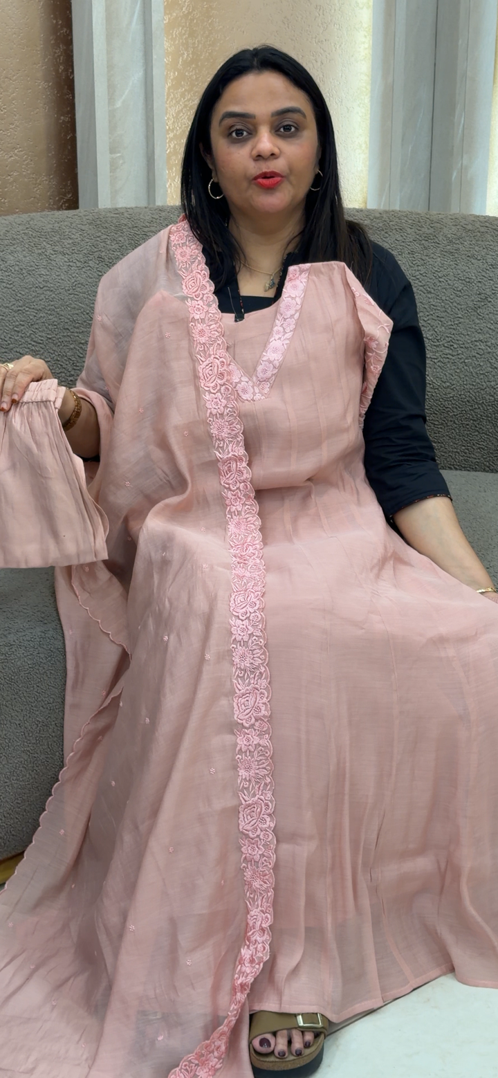 MUL CHANDERI ANARKALI TOP, BOTTOM AND DUPATTA - NUWA - 1107