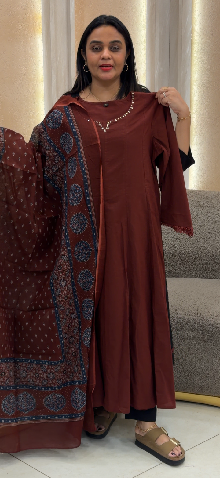 COTTON ANARKALI TOP, BOTTOM AND DUPATTA  - NUWA - 1112