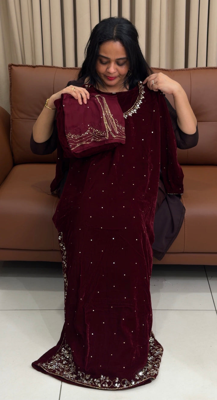 HANDWORKE VELVET TOP,BOTTOM AND DUPATTA - NUWA-1805