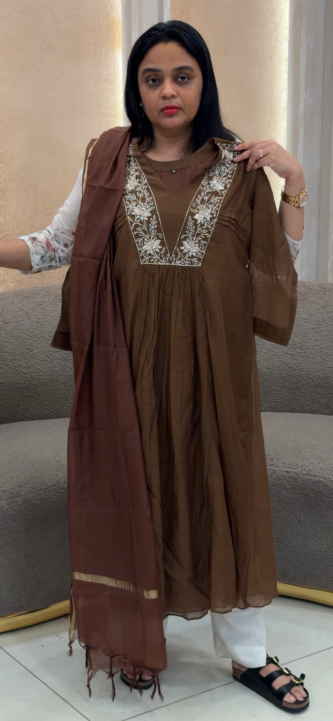 HAND WORKED MALAI CHANDERI TOP, BOTTOM AND DUPATTA - NUWA - 2324