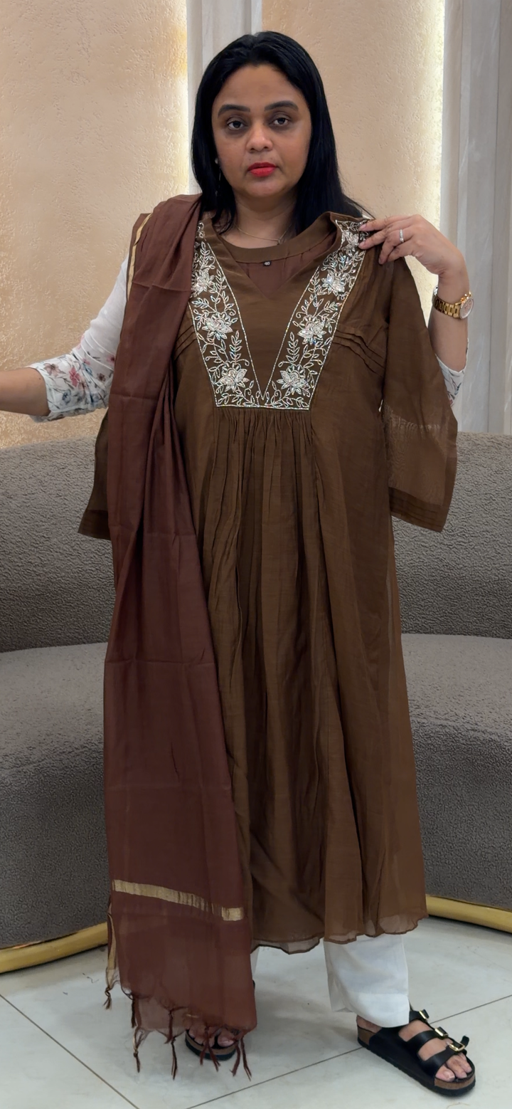 HAND WORKED MALAI CHANDERI TOP, BOTTOM AND DUPATTA - NUWA - 2324