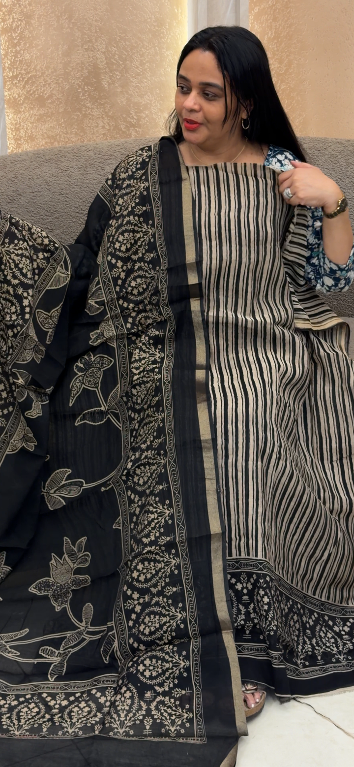 MAHESWARI SILK HAND BLOCK PRINT UNSTITCHED SALWAR SUITS - NUWA - 2408