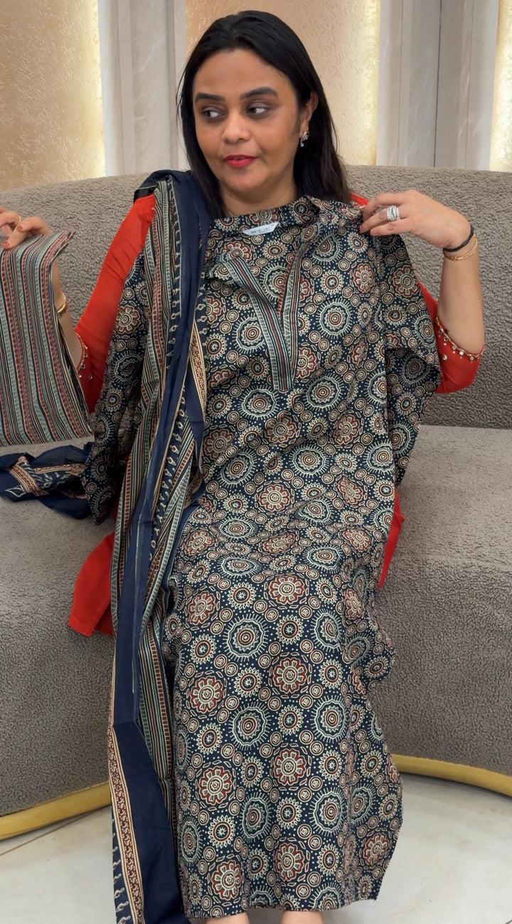 AJRAKH COTTON TOP, BOTTOM AND DUPATTA - NUWA-849