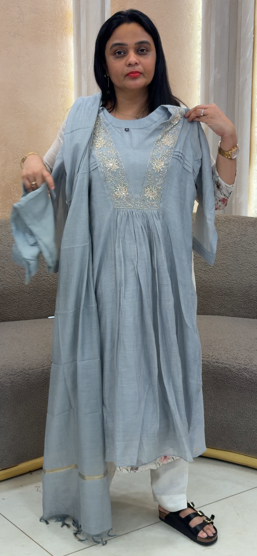HAND WORKED MALAI CHANDERI TOP, BOTTOM AND DUPATTA - NUWA - 2324