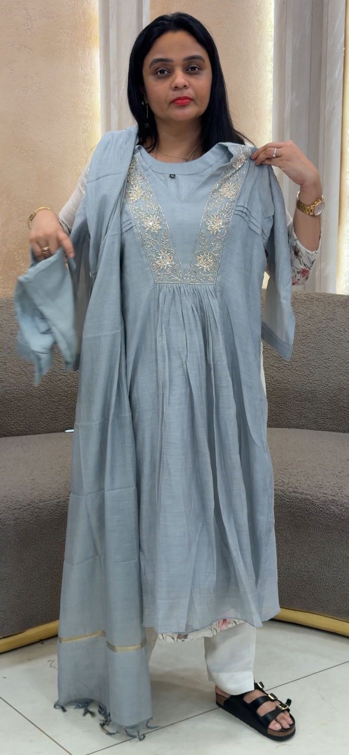HAND WORKED MALAI CHANDERI TOP, BOTTOM AND DUPATTA - NUWA - 2324