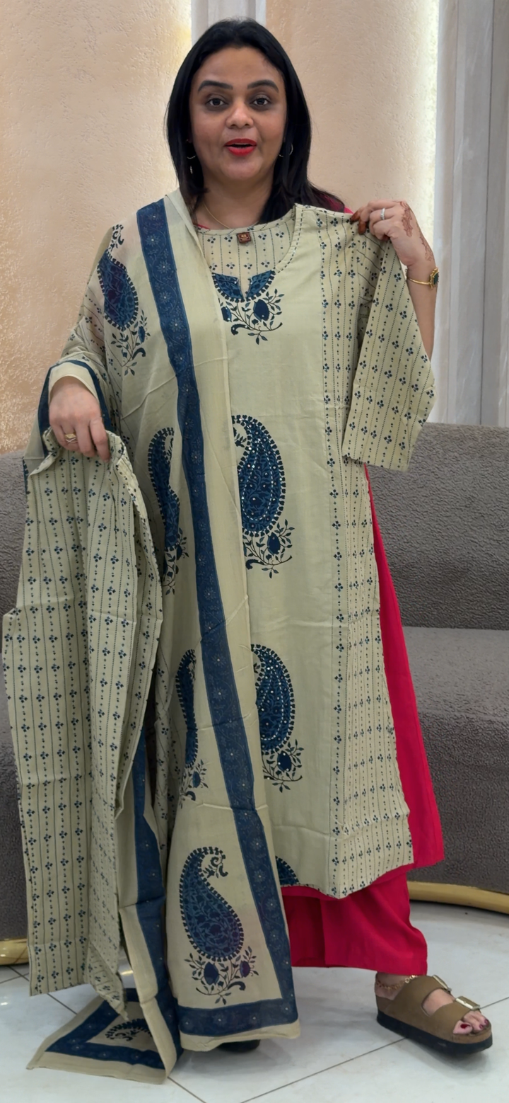 COTTON LONG SLITTED TOP, BOTTOM AND DUPATTA  - NUWA - 1241