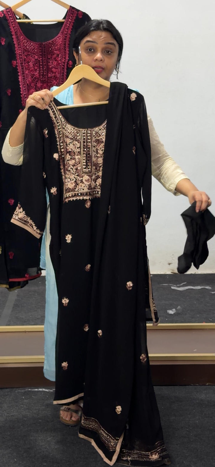 VISCOSE GEORGETTE HAND WORKED LUCKNOWI TOP, BOTTOM AND DUPATTA - NUWA - 2529