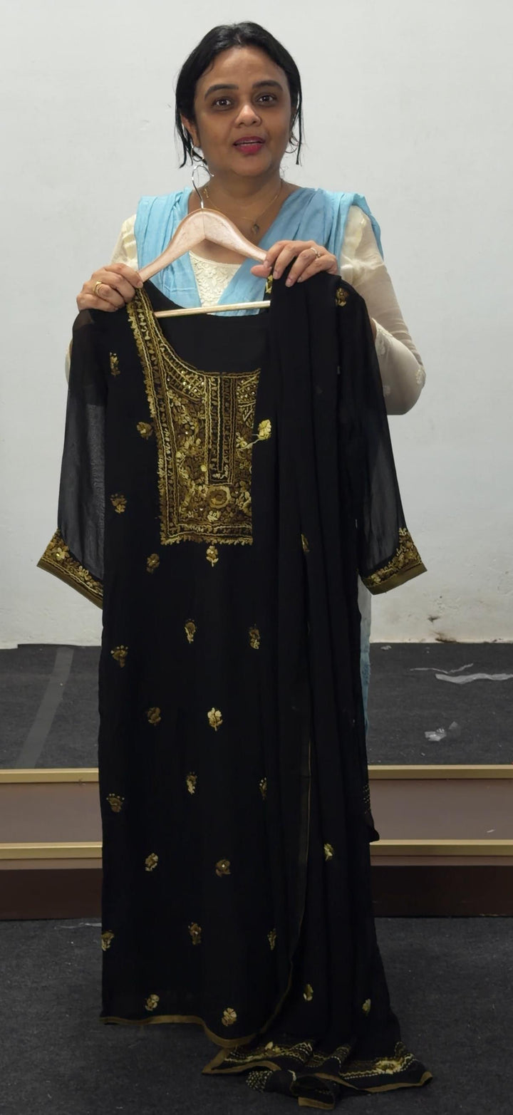 VISCOSE GEORGETTE HAND WORKED LUCKNOWI TOP, BOTTOM AND DUPATTA - NUWA - 2529